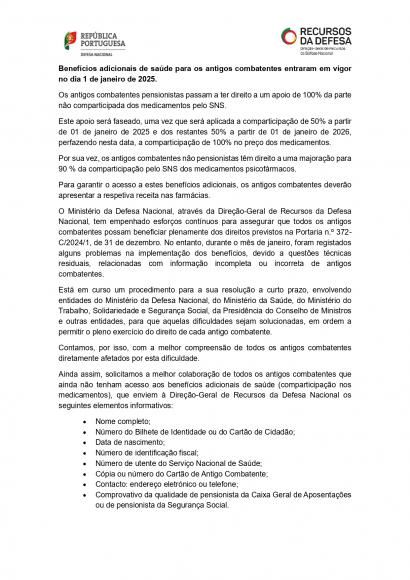 Benef&iacute;cios adicionais de sa&uacute;de para os antigos combatentes